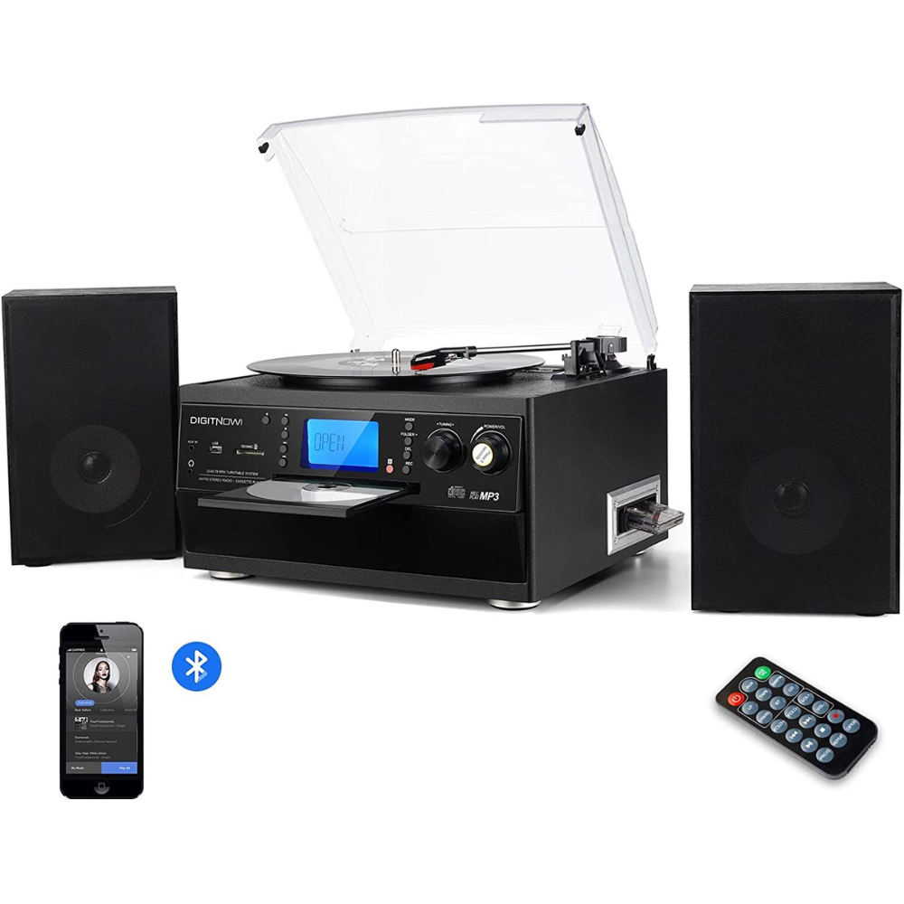 DIGITNOW-Bluetooth-Record-Player-Turntable-with-Stereo-Speaker-LP-Vinyl-to-MP3-Converter-with-CD-Cassette-Radio-Aux-in-and-USBSD-Encoding-Remote-Control-Audio-Music-Player-Built-in-Amplifier