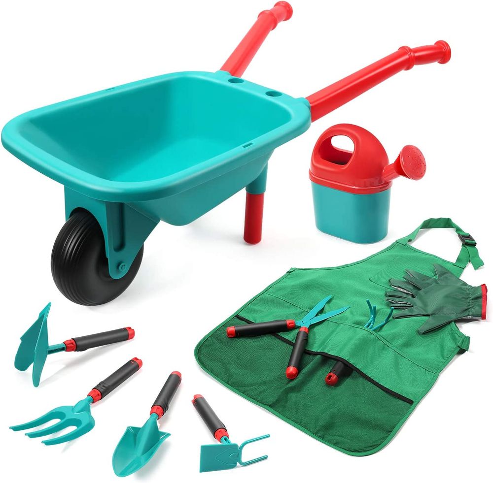 CUTE-STONE-Kids-Gardening-Tool-Set-Garden-Toys-with-Wheelbarrow-Watering-Can-Gardening-Gloves-Hand-Rake-Shovel-Trowel-Double-Hoe-Apron-with-Pockets-Outdoor-Indoor-Toys-Gift-for-Boys-Girls