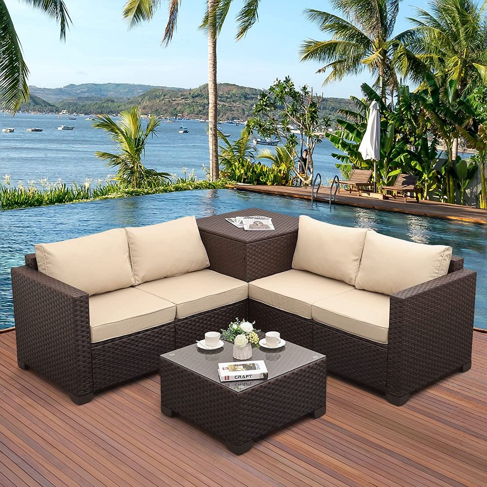 Patio-PE-Wicker-Furniture-Set-4-Pieces-Outdoor-Brown-Rattan-Sectional-Conversation-Sofa-Chair-with-Storage-Box-Table-and-Khaki-Cushions-