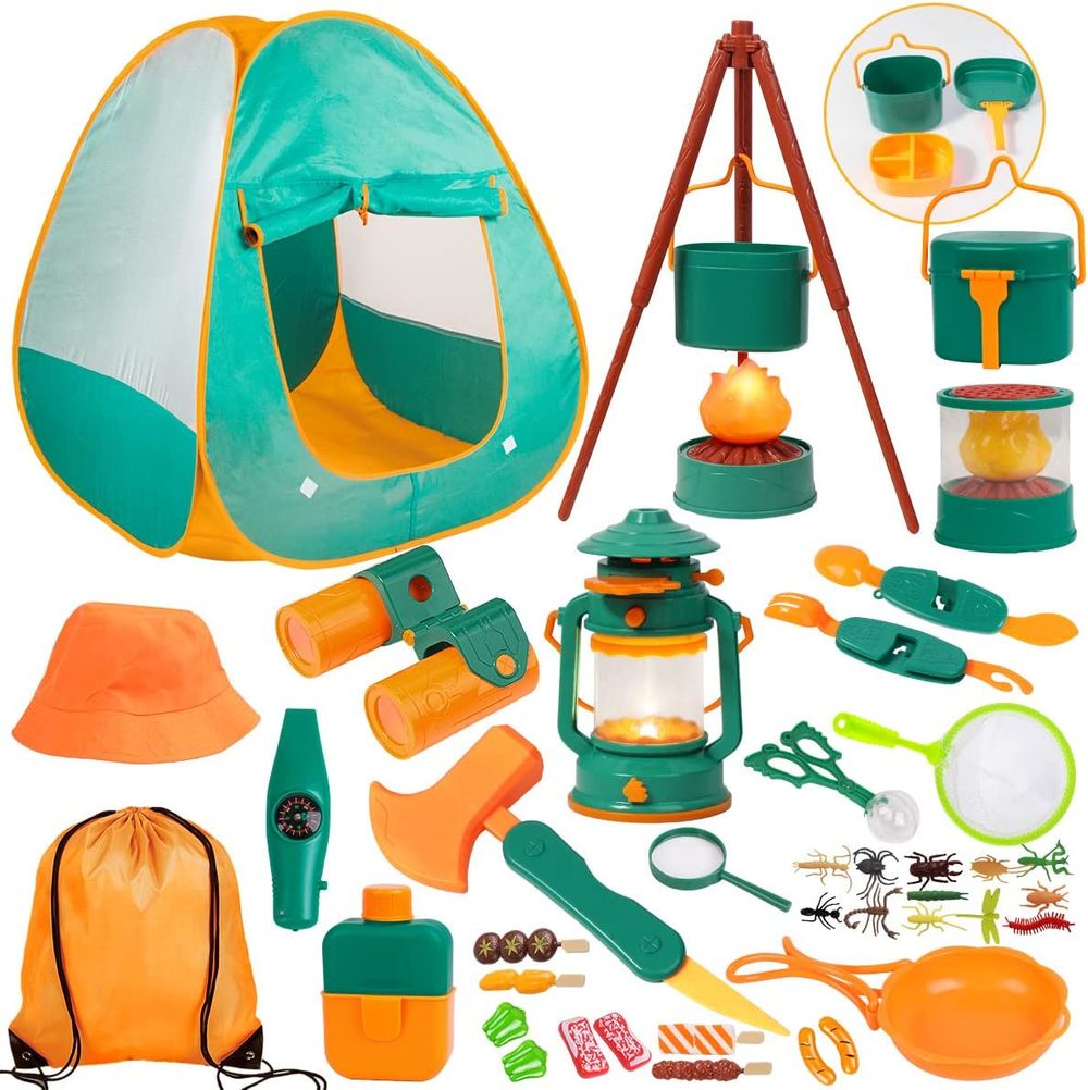 Meland-Kids-Camping-Set-with-Tent-30pcs---Outdoor-Campfire-Toy-Set-for-Toddlers-Kids-Boys-Girls---Pretend-Play-Camp-Gear-Tools-for-Birthday-Christmas--Green