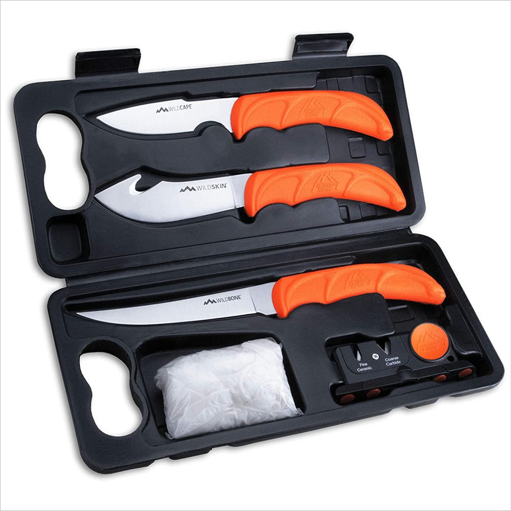 OUTDOOR-EDGE-WildLite--6-Piece-Field-to-Freezer-Hunting---Game-Processing-Knife-Set-with-Gut-Hook-Skinning-Knife--Caping-Knife--Boning-Fillet-Knife--Sharpener-and-Hard-Side-Carry-Case