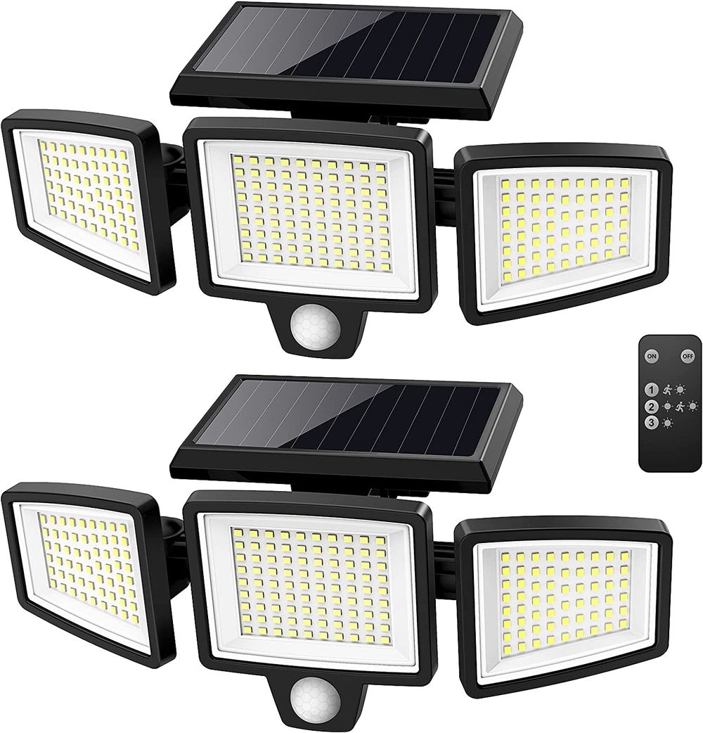 Tuffenough-Solar-Outdoor-Lights-2500LM-210-LED-Security-Lights-with-Remote-Control-3-Heads-Motion-Sensor-Lights-IP65-Waterproof-270-Wide-Angle-Flood-Wall-Lights-with-3-Modes-2-Packs