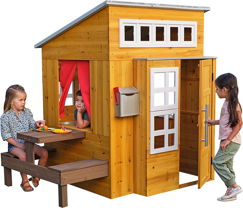 KidKraft-Modern-Outdoor-Wooden-Playhouse-with-Picnic-Table--Mailbox-and-Outdoor-Grill--Gift-for-Ages-3