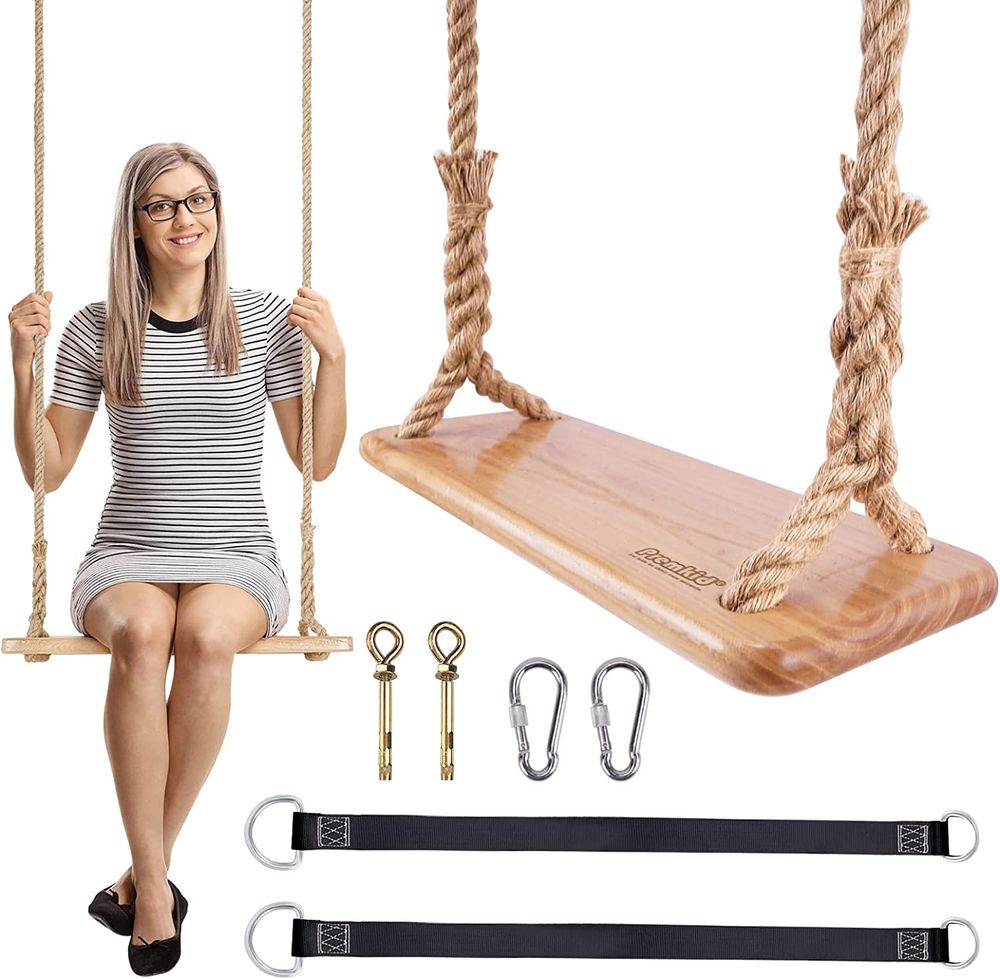 Premkid-Hanging-Wooden-Swing-Tree-Swing-with-500lbs-Load--Adjustable-Hemp-Rope-Plus-Tree-Straps-100-inch--Tree-Swing-for-Adults--Wooden-Swing-Set-for-Indoor-and-Outdoor