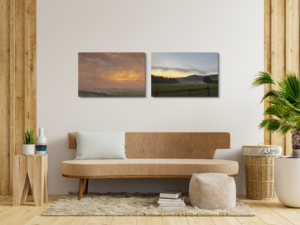 Two art canvas prints of horizontal size images of Catskill mountains and smoky mountains  during stunning sunset.