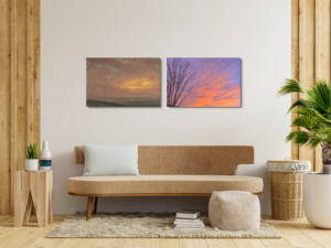 Two art canvas prints of horizontal size images of Catskill mountains and a stunning sunset.