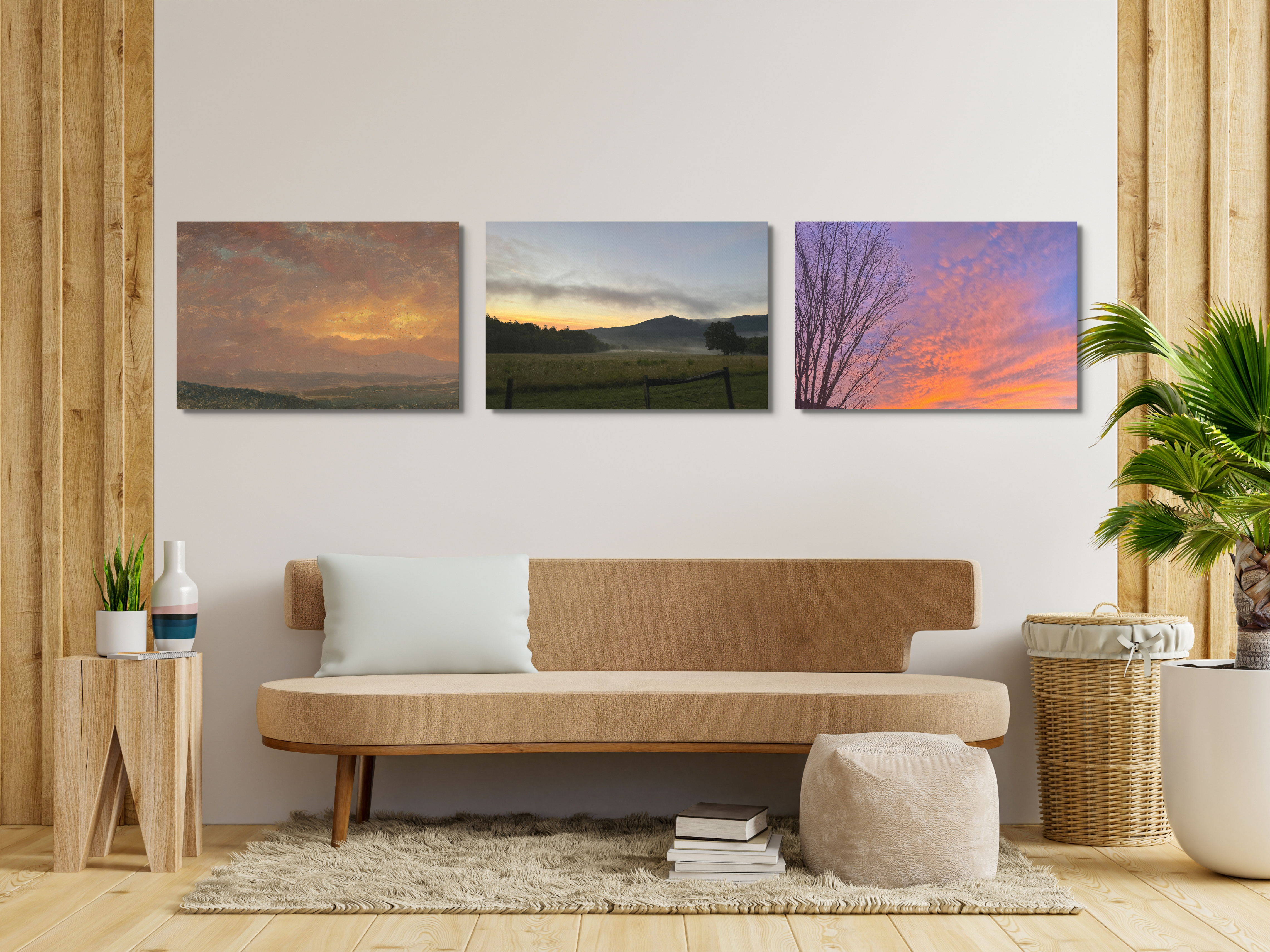 Three canvas-horizontal-36x24 images of catskill mountains, smoky mountains and an awesome evening sunset wall art, home decor